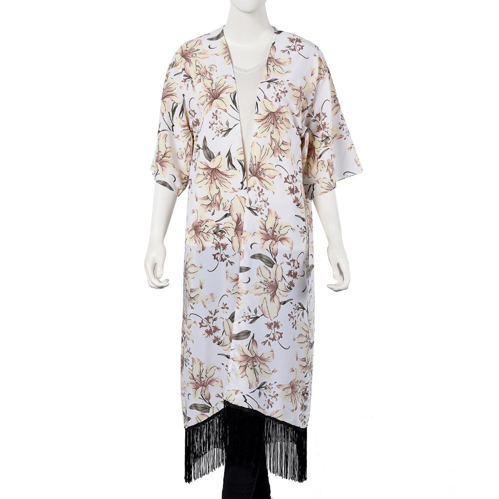 White Lily Pattern Duster Kimono